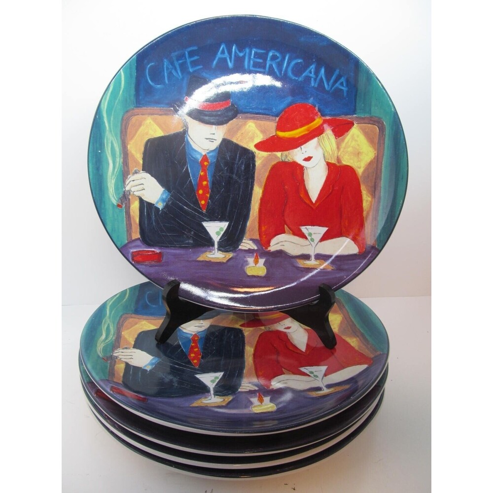 Sango Cafe Americana Set Of Five 11 1/4" X 10 1/2" Oval Dinner Plates Bar Scene